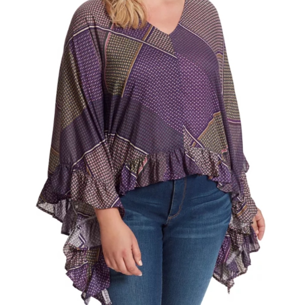Jessica Simpson Trendy Plus Size Toccata Ruffled Poncho PurpleTop Size 1X